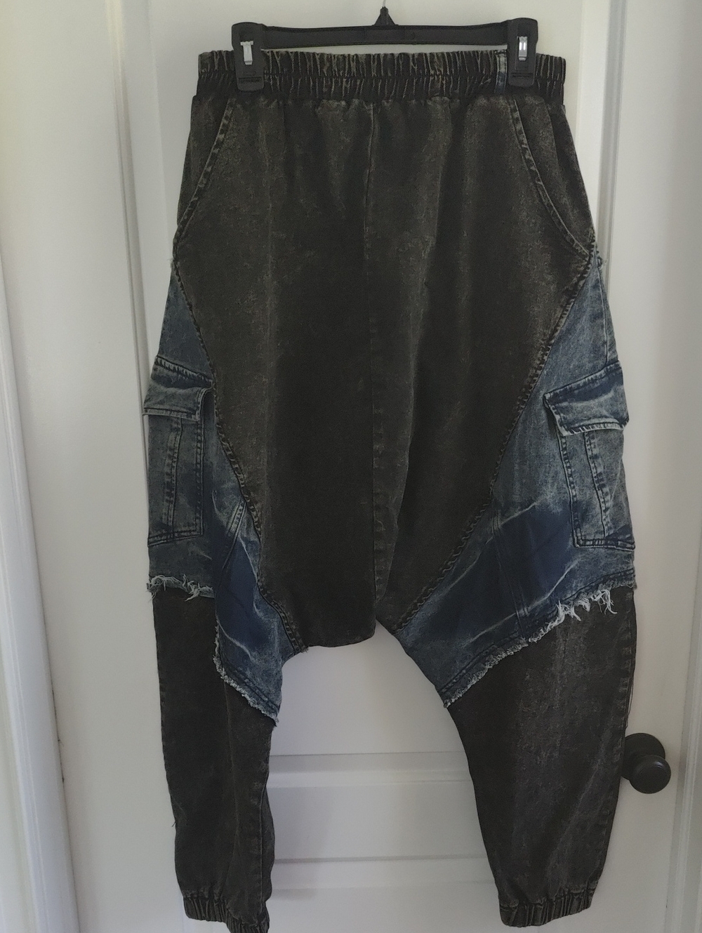 Elastic Waist Fraed Patchwork Spliced Denim Harem Pants NWT